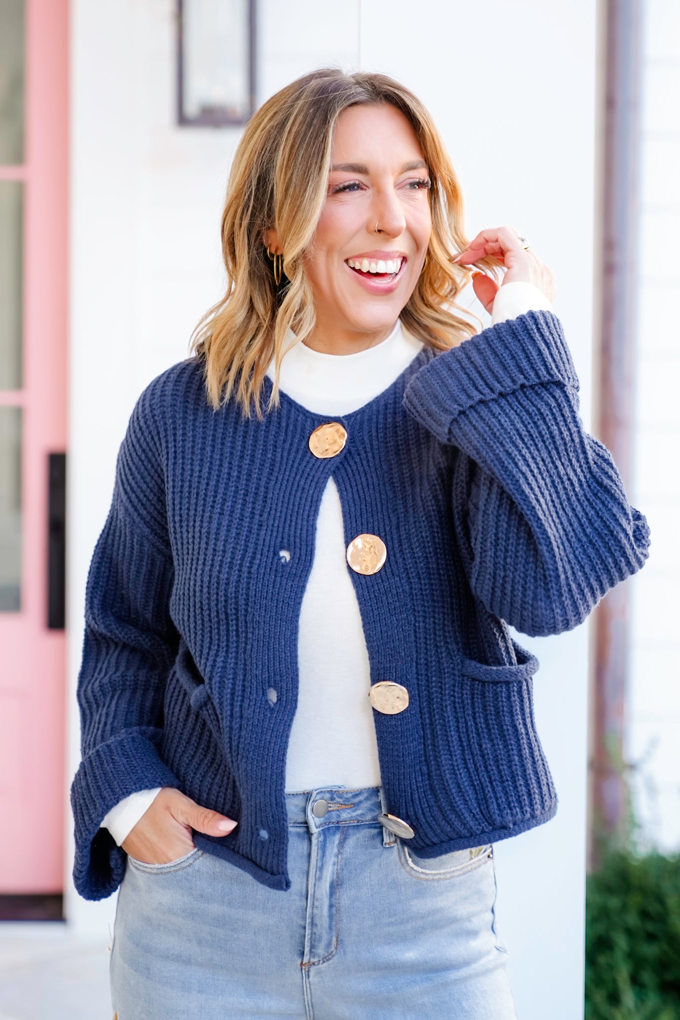 Knit Long Cuff Sleeve Gold Button Down Cardigan