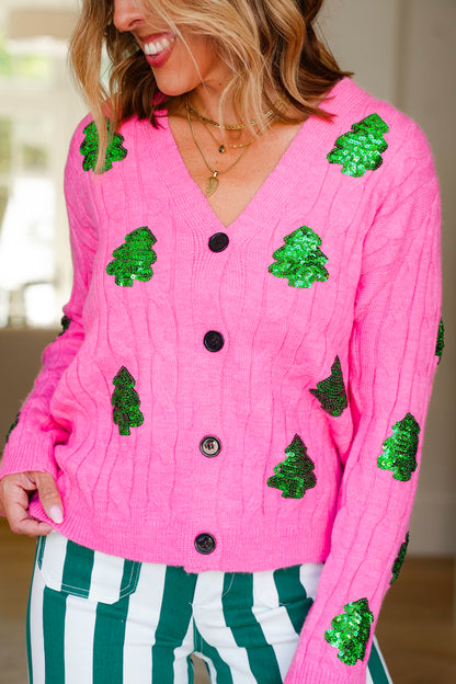 Plus/Reg Sequin Trees Long Sleeve Button Down Cardigan