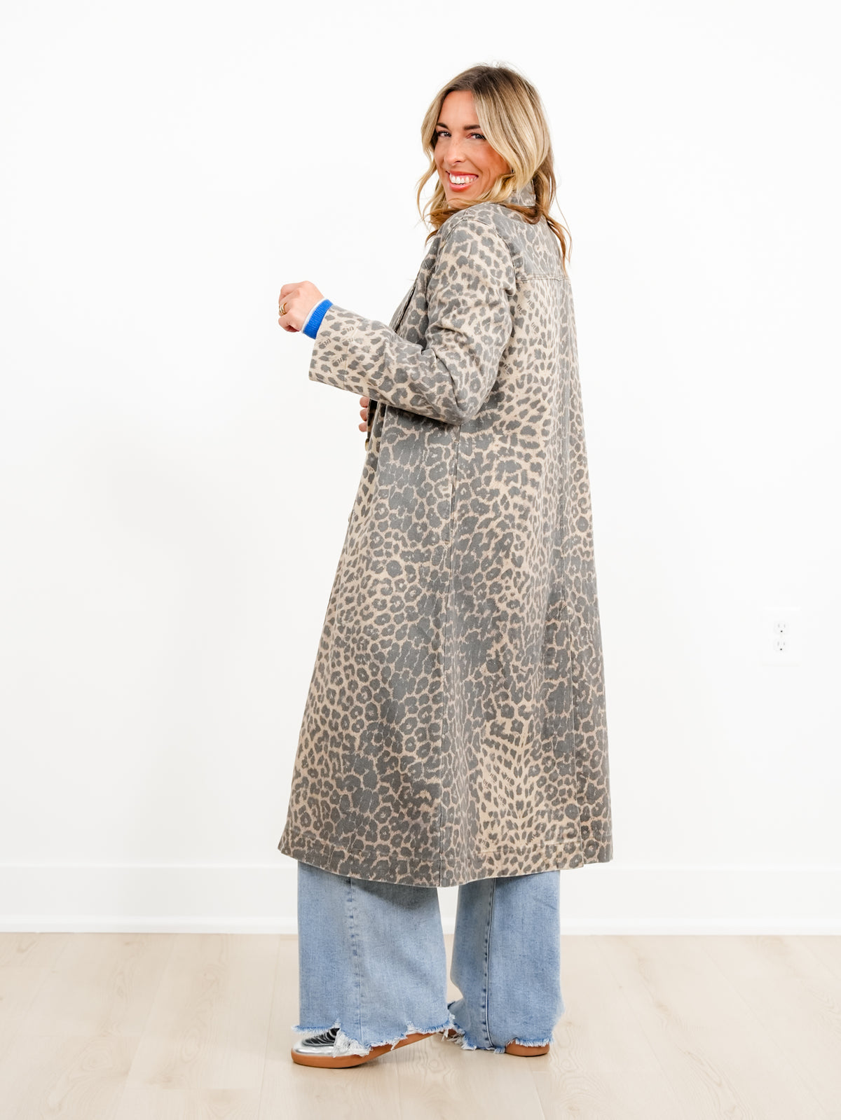 Washed Leopard Print Button Down Long Coat