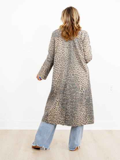 Washed Leopard Print Button Down Long Coat