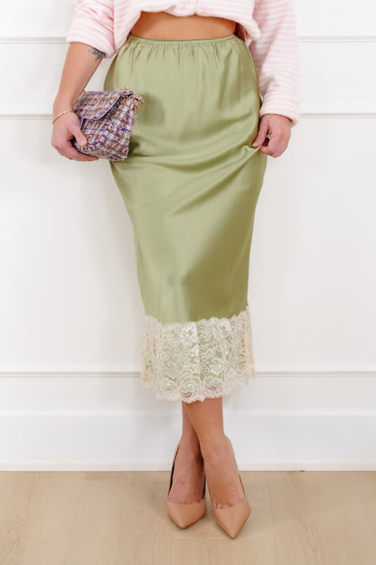 Satin Elastic Waist Midi Skirt with Lace Trim