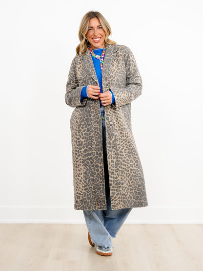 Washed Leopard Print Button Down Long Coat