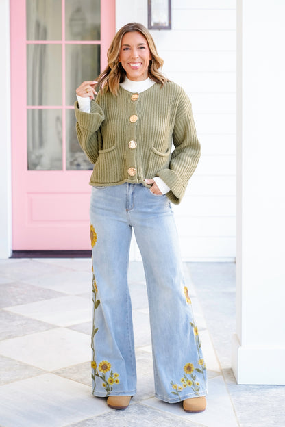 Knit Long Cuff Sleeve Gold Button Down Cardigan