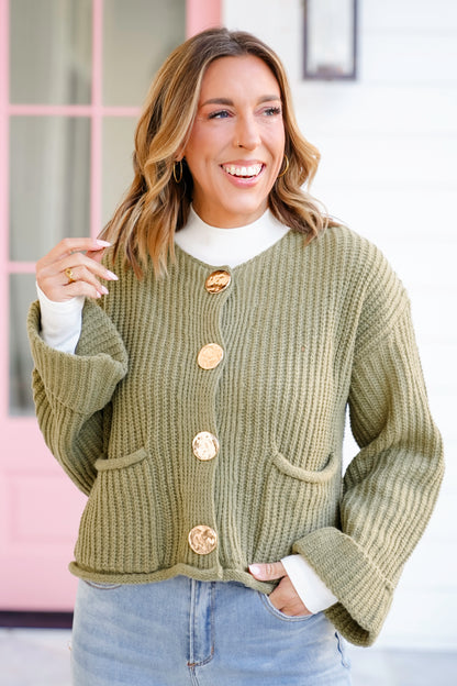 Knit Long Cuff Sleeve Gold Button Down Cardigan