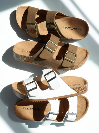 Double Buckle Cork Footbed Slide Sandal