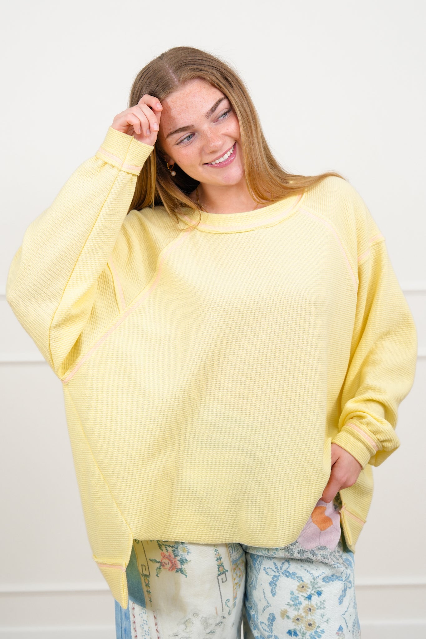 Solid Long Sleeve Knit Top with Reverse Seams
