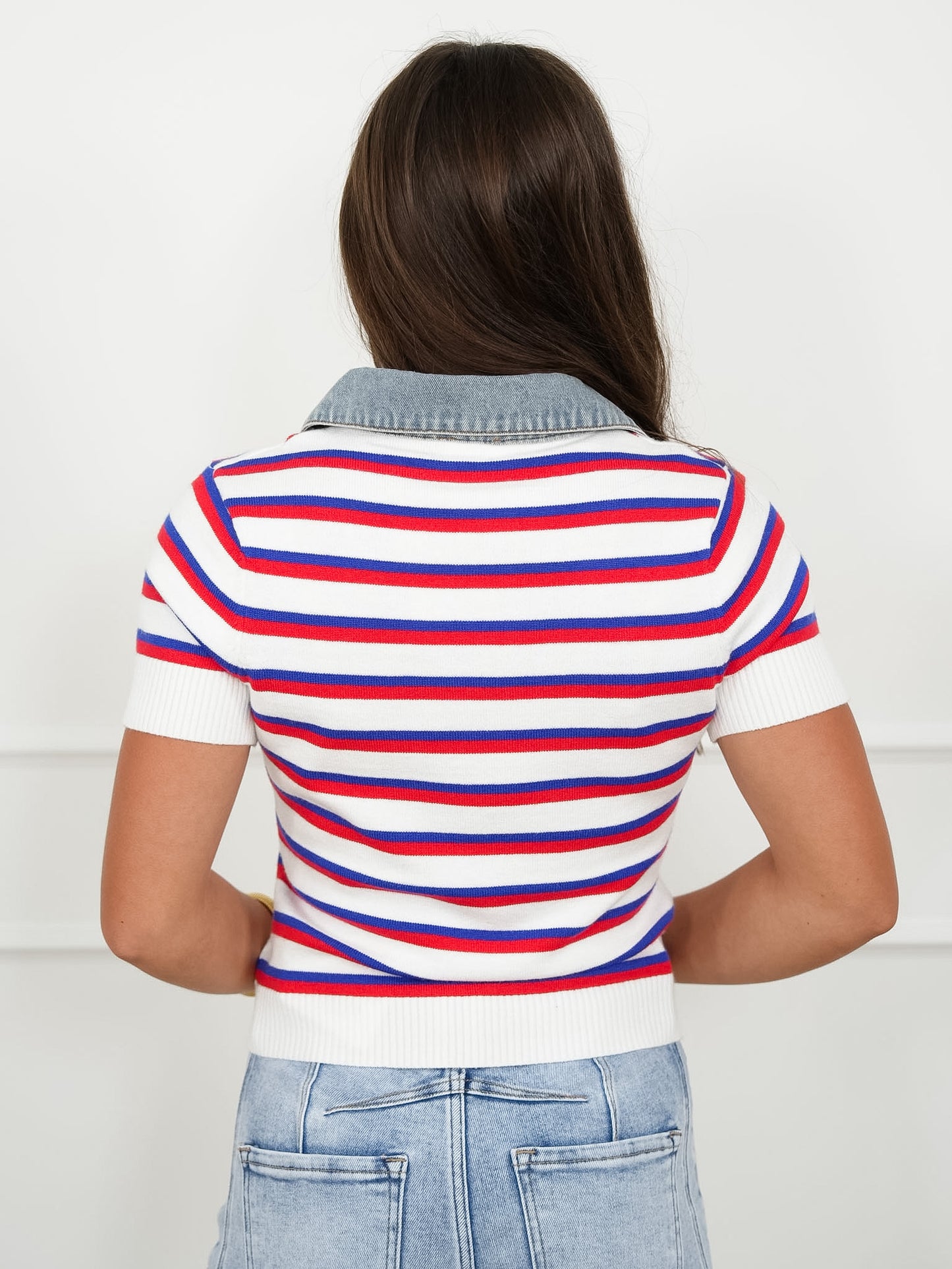 Stripe Short Sleeve Knit Top with Denim Contrast