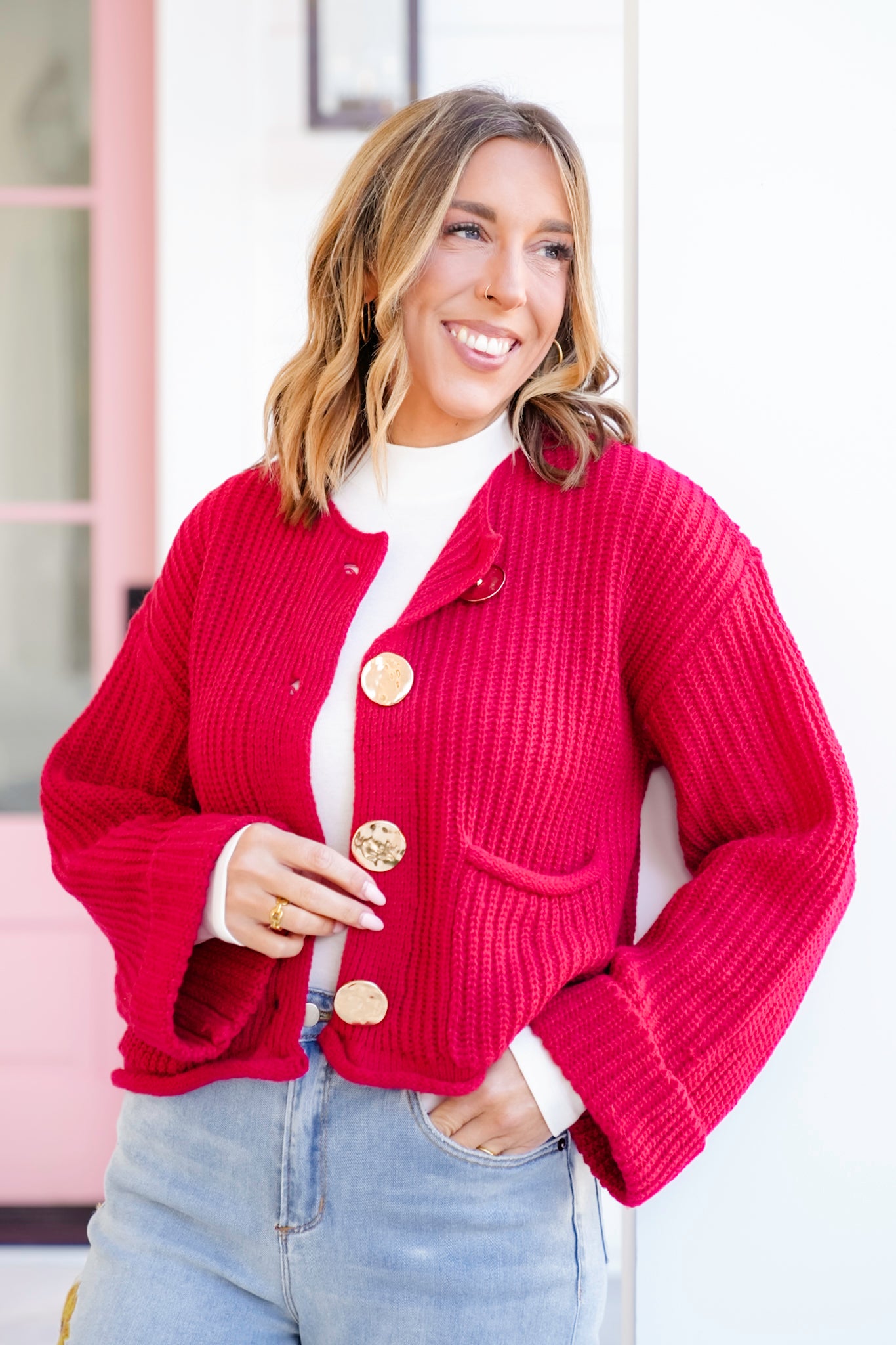 Knit Long Cuff Sleeve Gold Button Down Cardigan