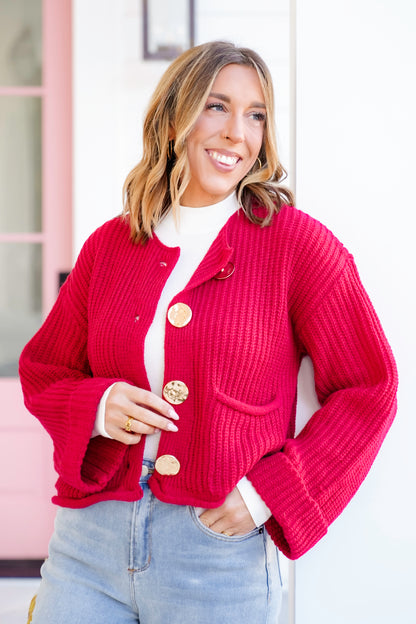 Knit Long Cuff Sleeve Gold Button Down Cardigan