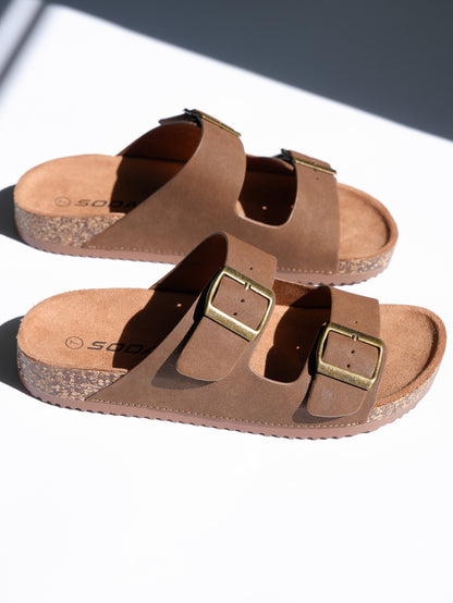 Double Buckle Cork Footbed Slide Sandal