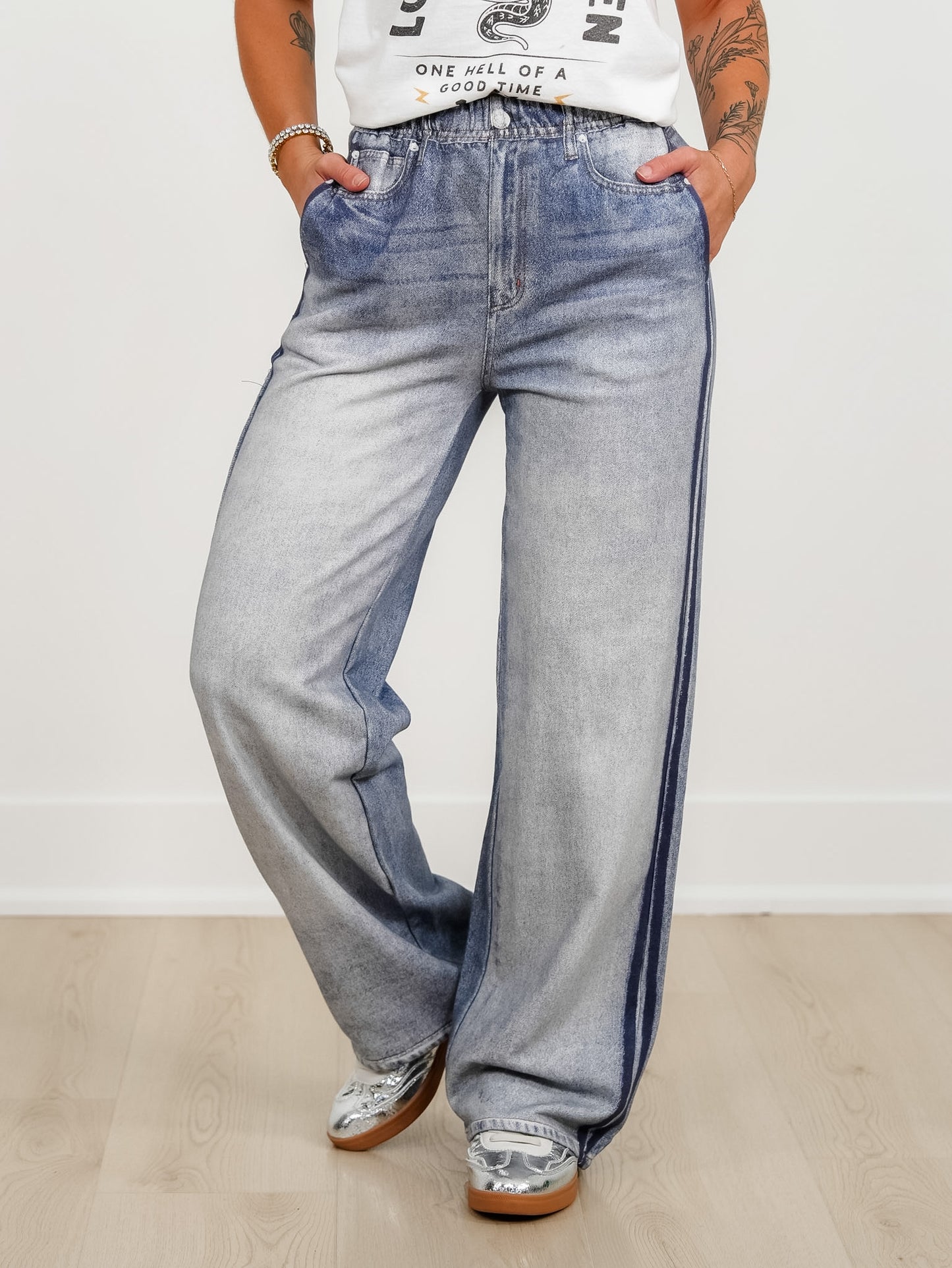 Denim Printed Elastic Waist Pants with Side Stripe