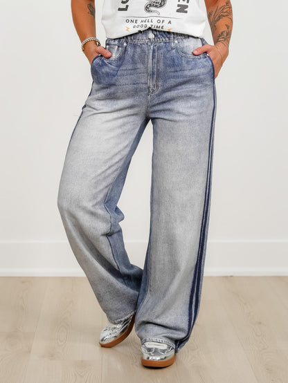 Denim Printed Elastic Waist Pants with Side Stripe