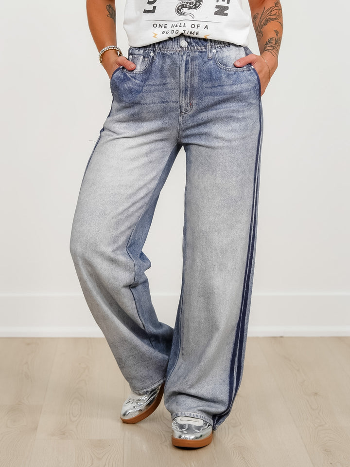 Denim Look French Terry Elastic Waist Pants with Side Stripe - Freckled Poppy