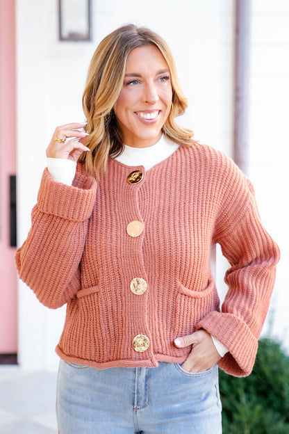 Knit Long Cuff Sleeve Gold Button Down Cardigan
