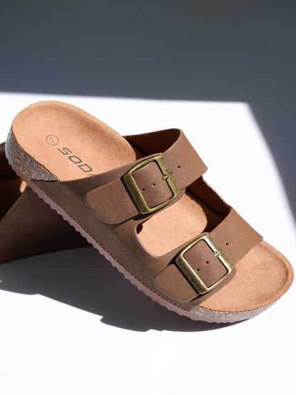 Double Buckle Cork Footbed Slide Sandal