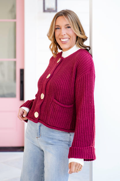 Knit Long Cuff Sleeve Gold Button Down Cardigan