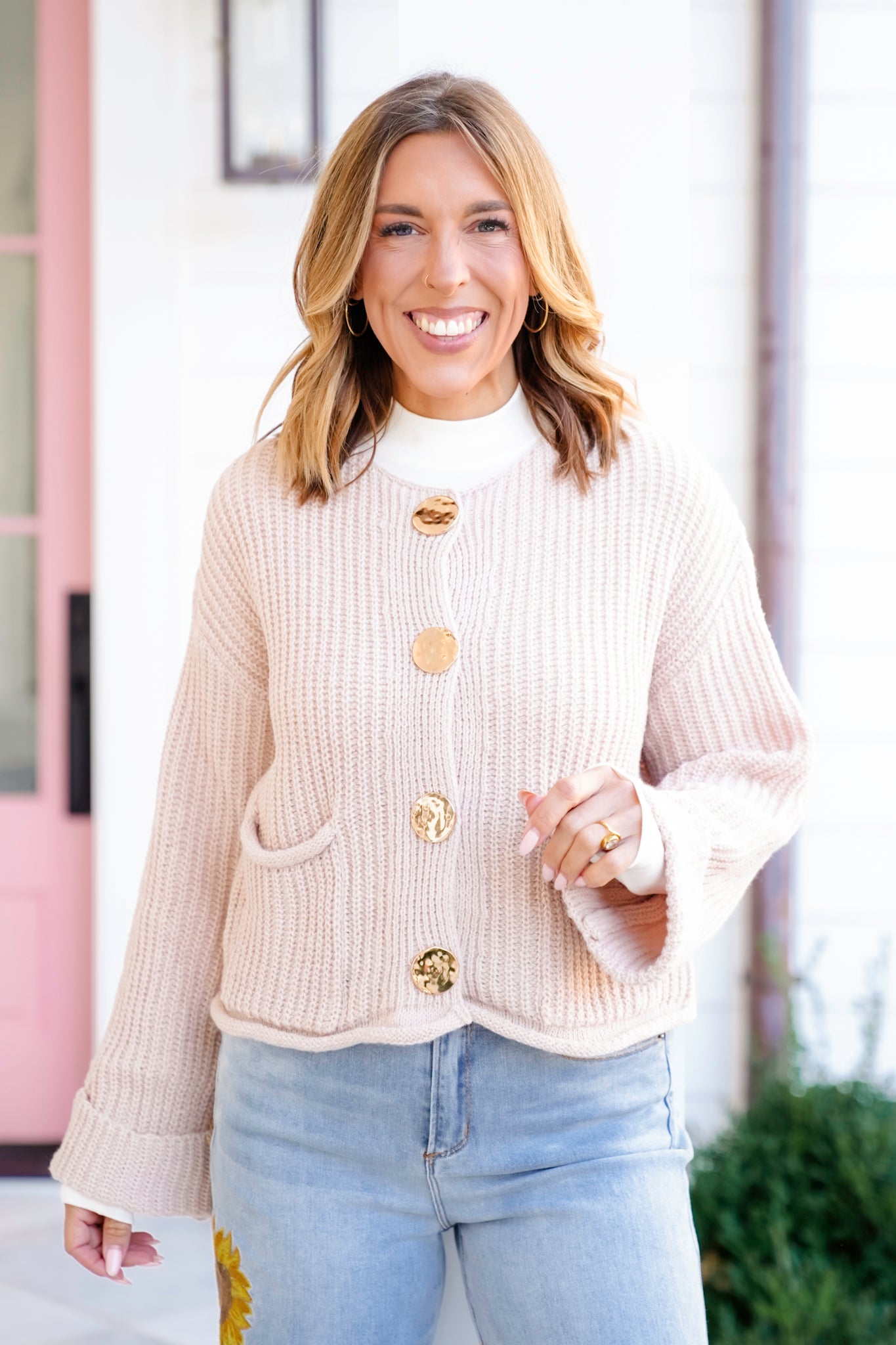 Knit Long Cuff Sleeve Gold Button Down Cardigan