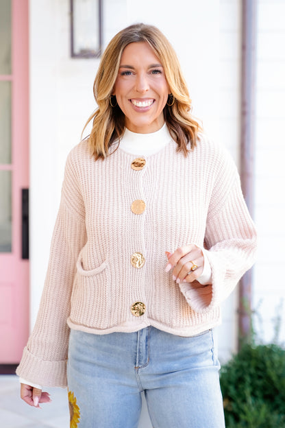 Knit Long Cuff Sleeve Gold Button Down Cardigan