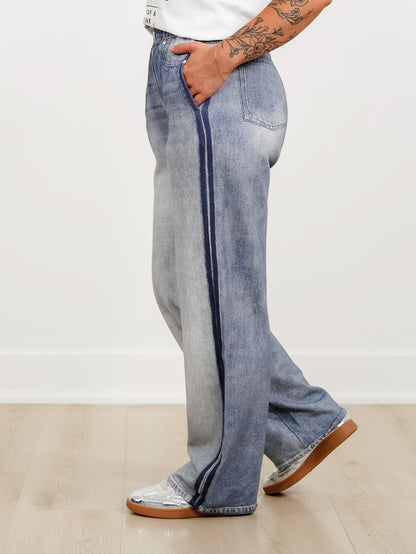 Denim Printed Elastic Waist Pants with Side Stripe
