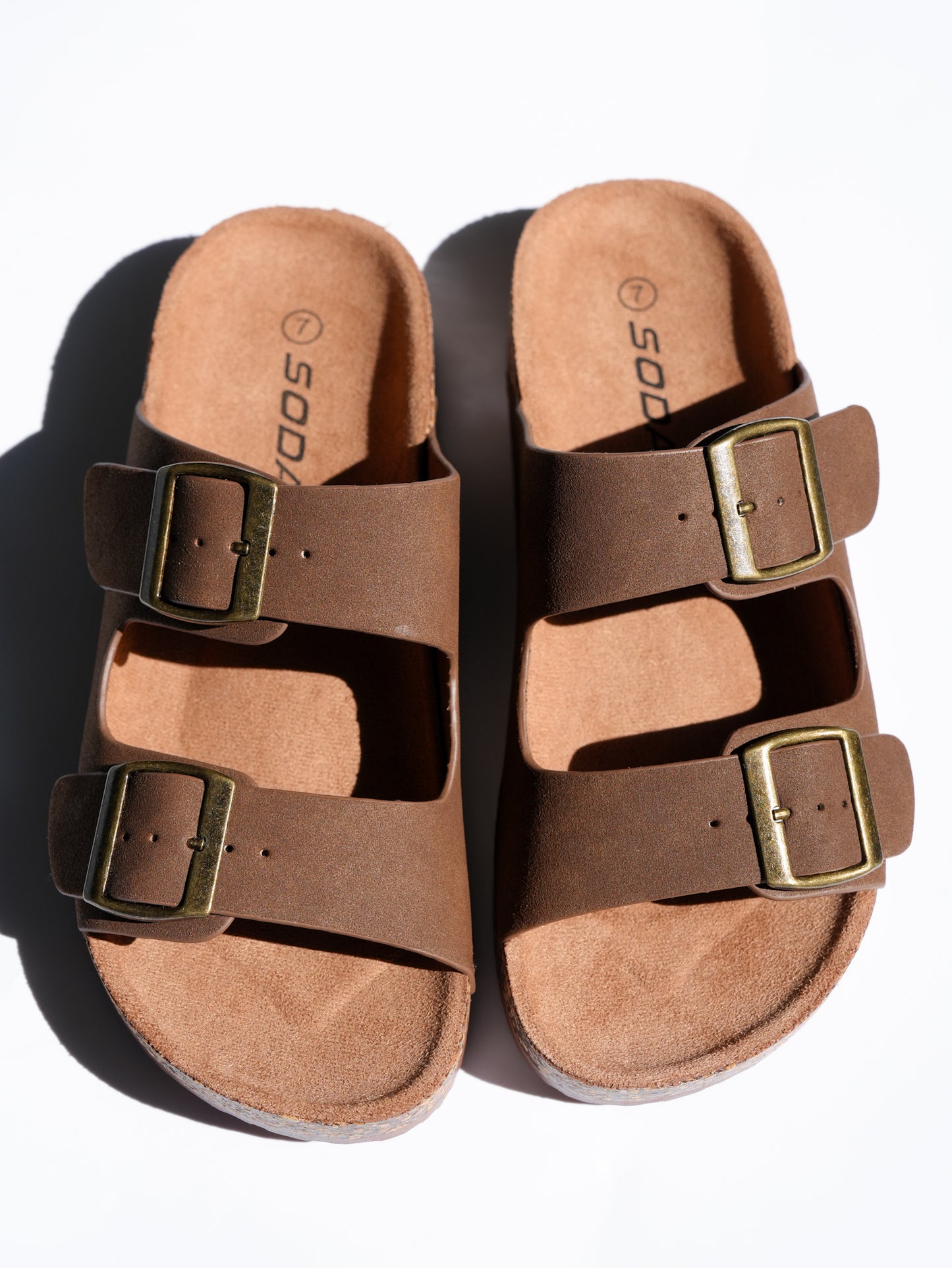Double Buckle Cork Footbed Slide Sandal