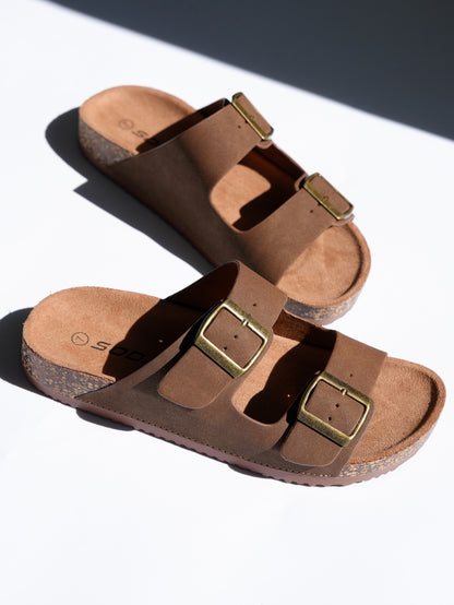 Double Buckle Cork Footbed Slide Sandal