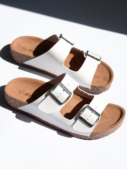 Double Buckle Cork Footbed Slide Sandal