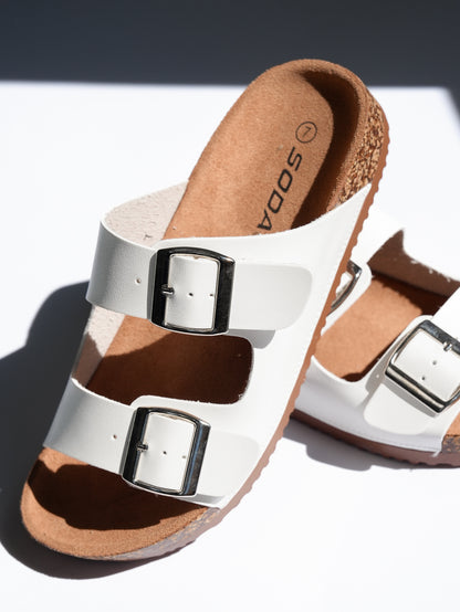 Double Buckle Cork Footbed Slide Sandal