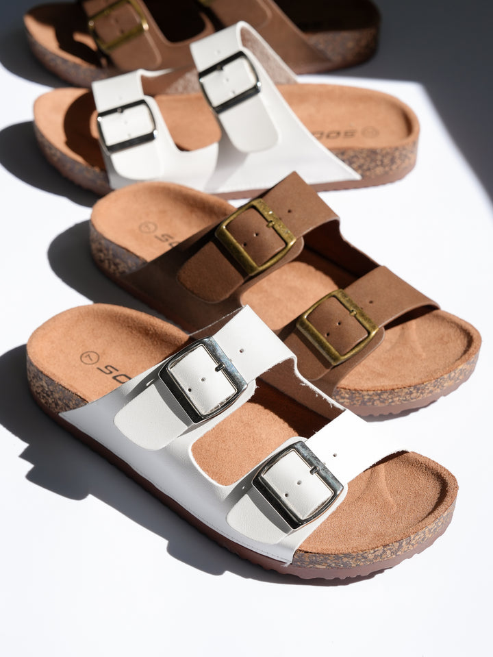 Double Buckle Cork Footbed Slide Sandal