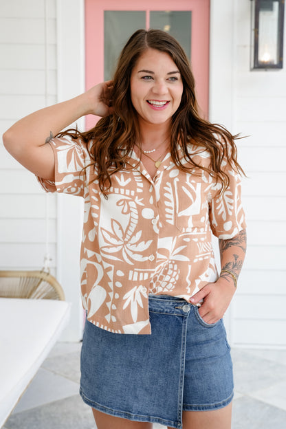 Tropical Print Short Sleeve Button Down Resort Top