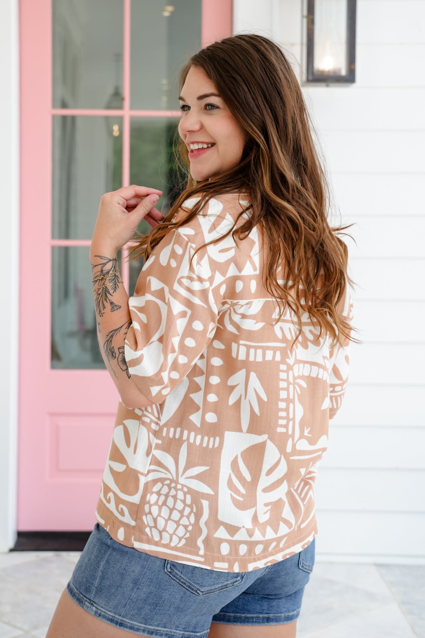 Tropical Print Short Sleeve Button Down Resort Top