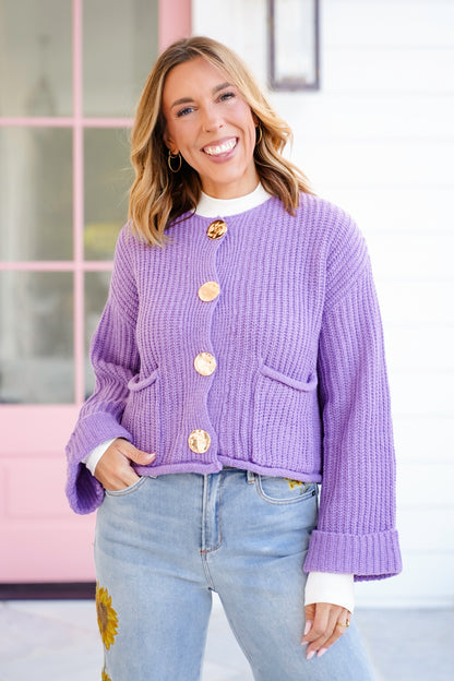 Knit Long Cuff Sleeve Gold Button Down Cardigan