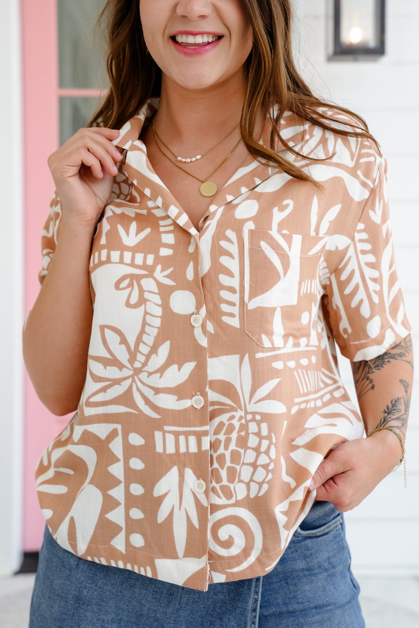 Tropical Print Short Sleeve Button Down Resort Top