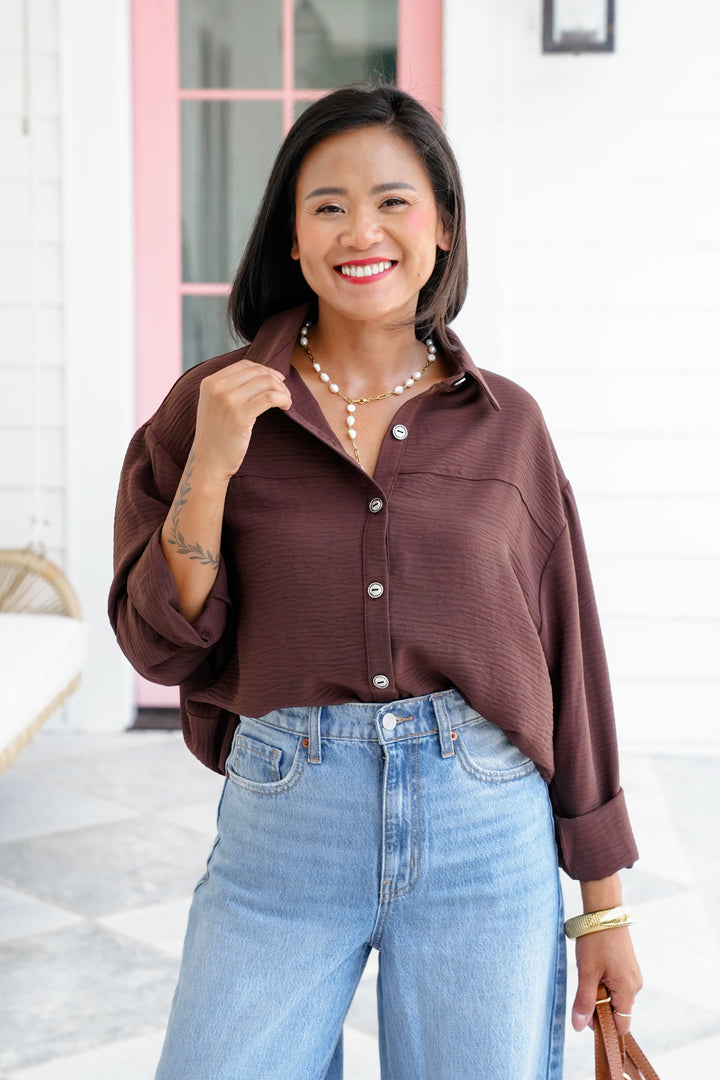 Plus/Reg Textured Long Sleeve Button Down Blouse