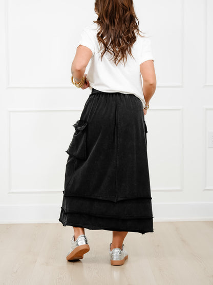 Acid Wash Knit Skirt with Cargo Pockets