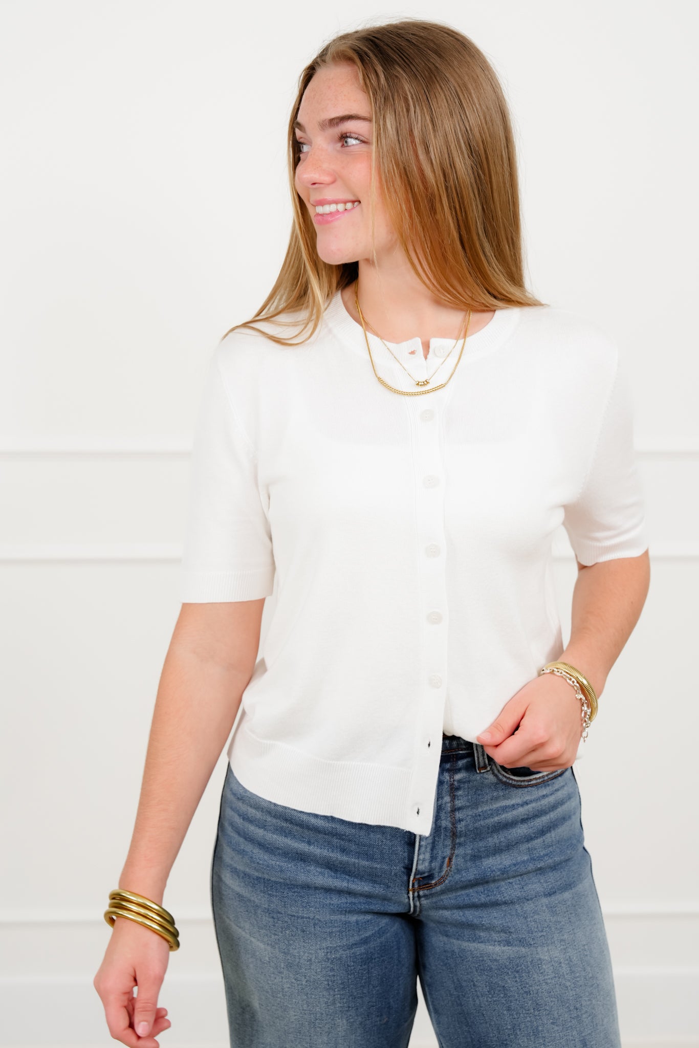 White Short Sleeve Button Up Cardigan