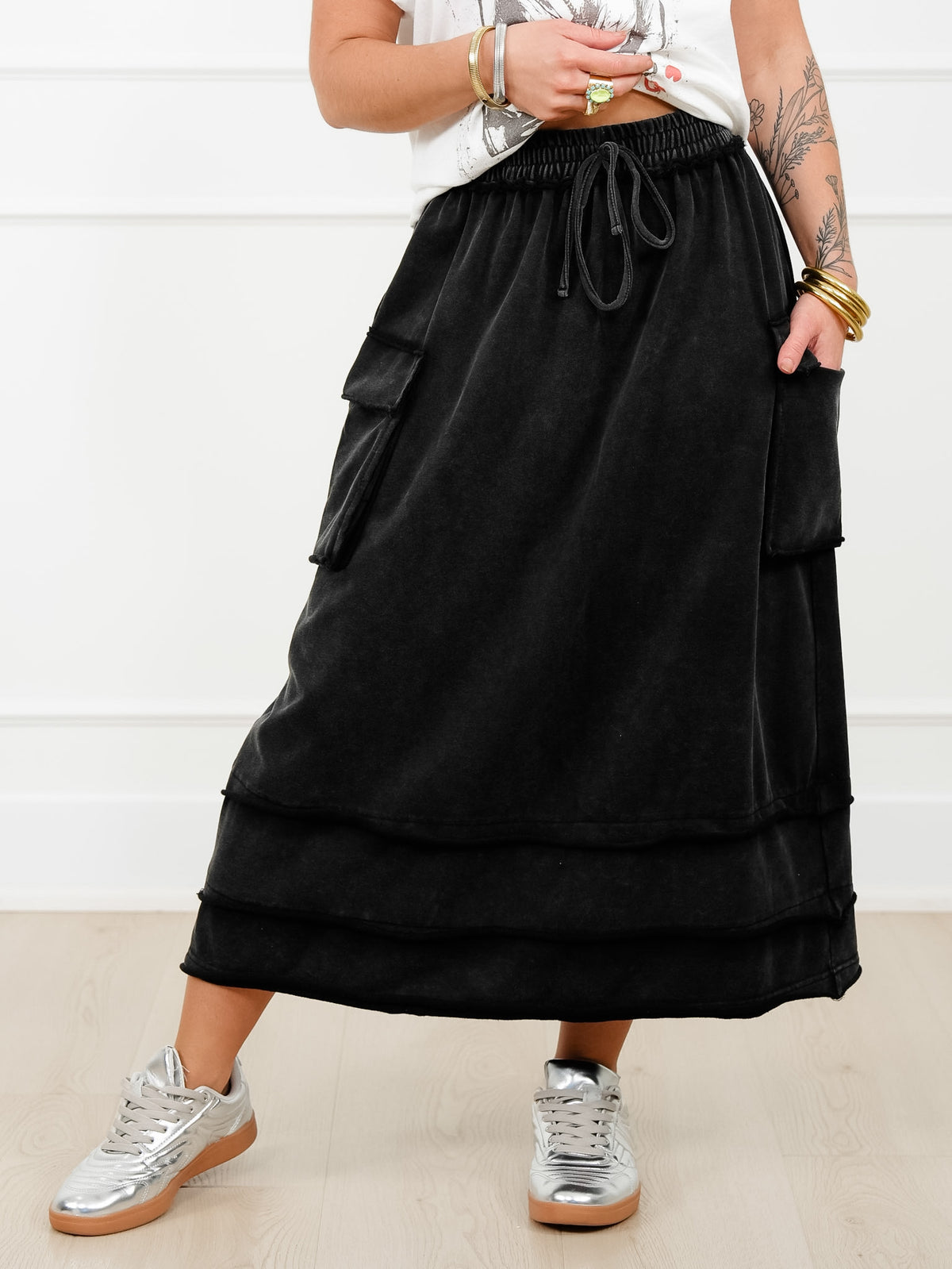 Acid Wash Knit Skirt with Cargo Pockets