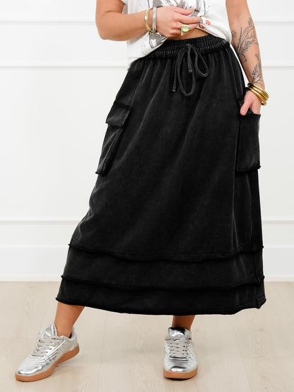 Acid Wash Knit Skirt with Cargo Pockets