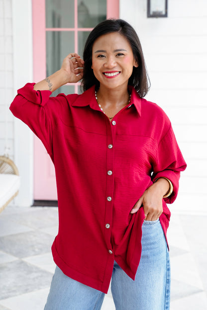 Plus/Reg Textured Long Sleeve Button Down Blouse