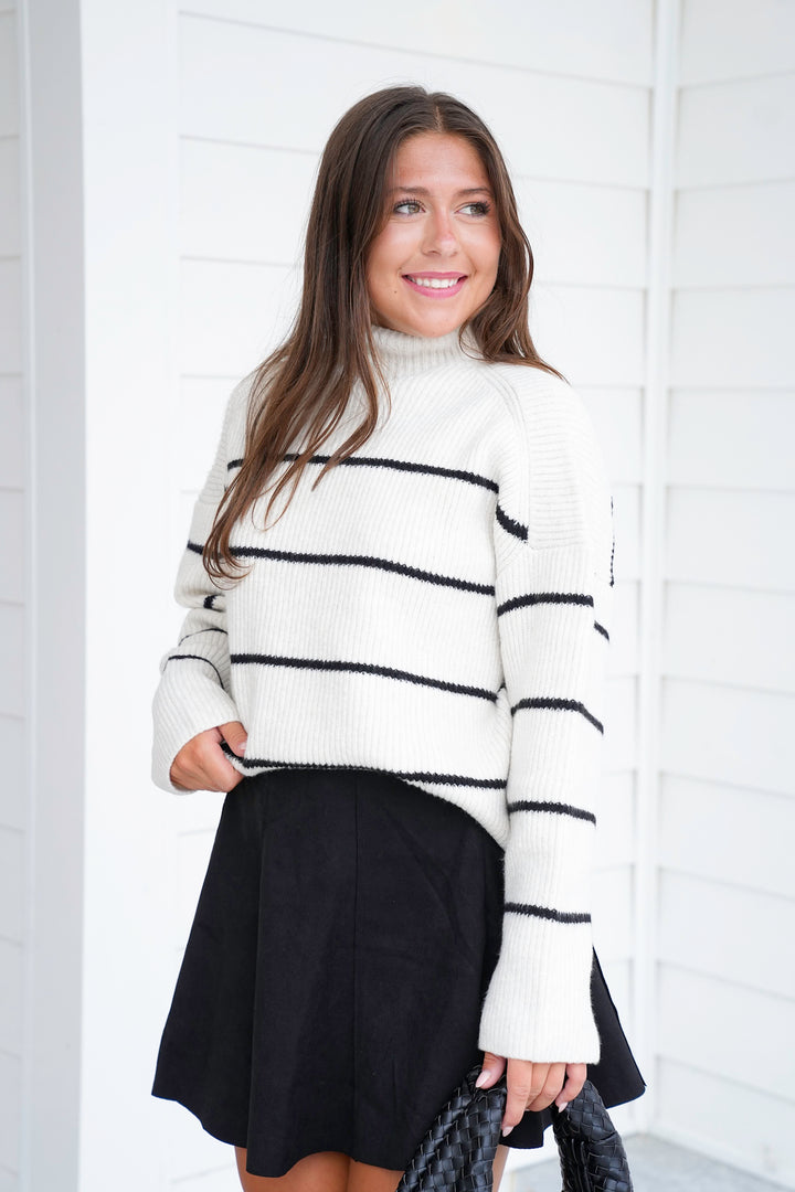 Stripe Long Sleeve Mock Neck Rib Knit Sweater
