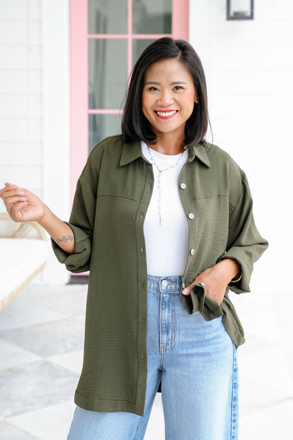 Plus/Reg Textured Long Sleeve Button Down Blouse