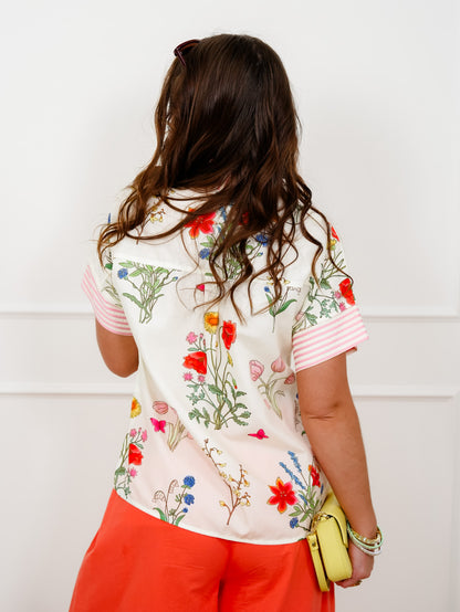 Flower Print Short Sleeve Button Down Top
