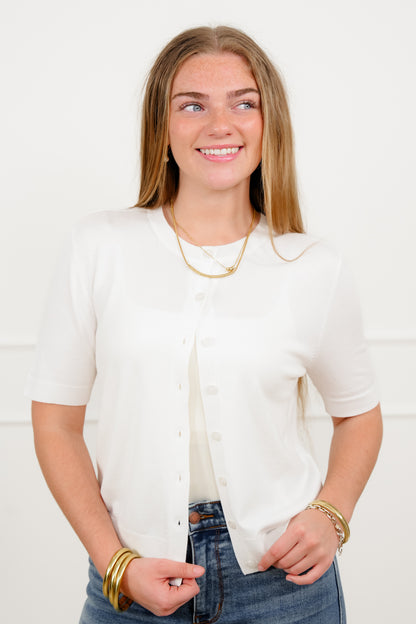 White Short Sleeve Button Up Cardigan