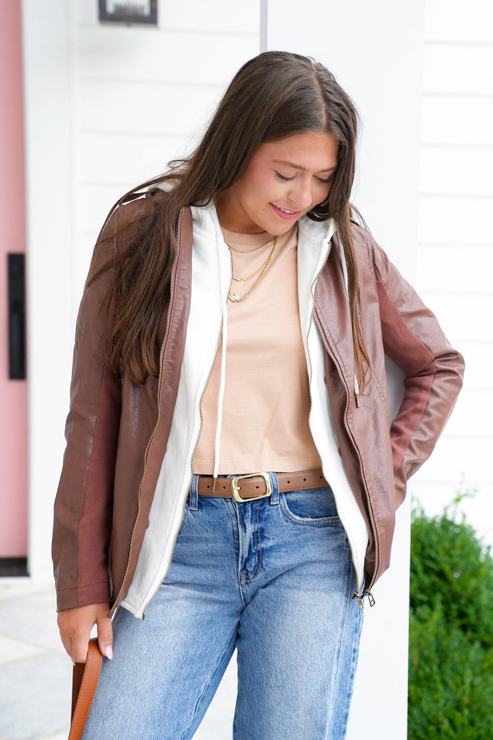 Vegan Leather Jacket with Removable Layer Hoodie Detail