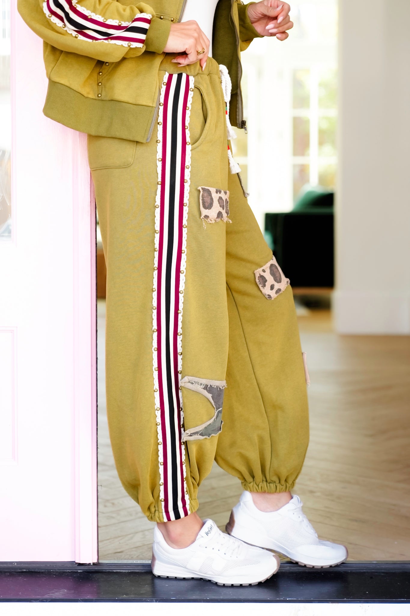 POL Olive Elastic Waist Jogger Pants with Patchwork Details