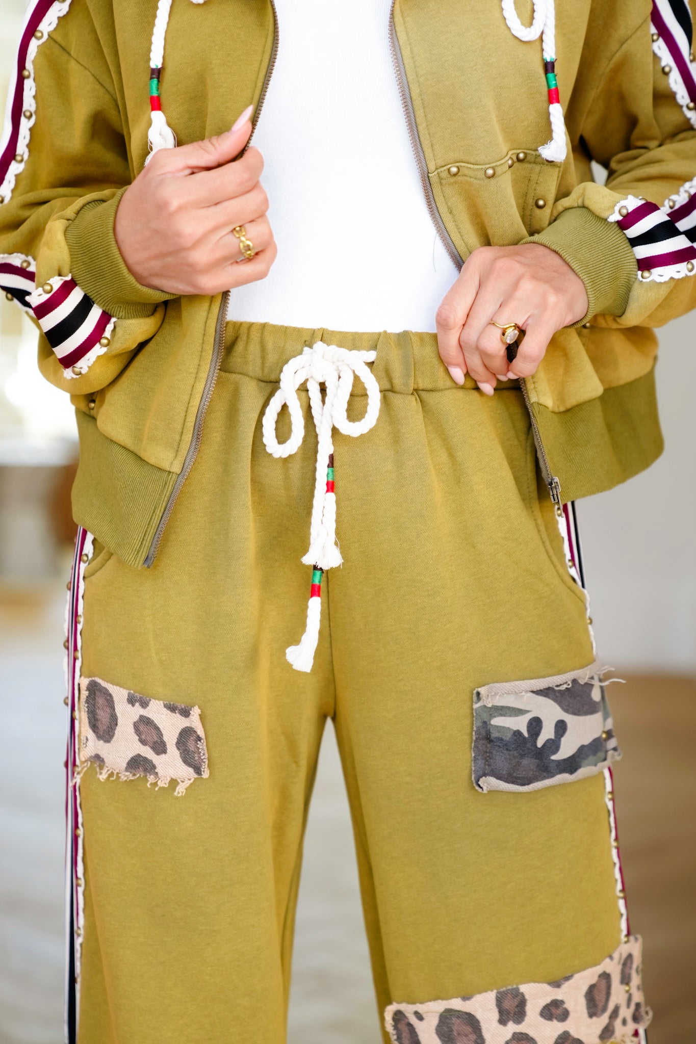 POL Olive Elastic Waist Jogger Pants with Patchwork Details