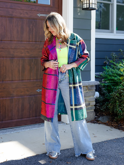 Color Block Wool Blend Plaid Long Sleeve Coat