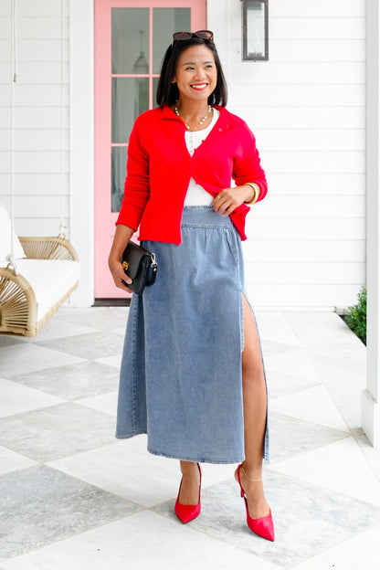 Medium Wash Midi Skirt with Side Slit Detail