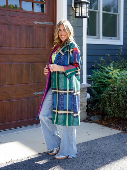 Color Block Wool Blend Plaid Long Sleeve Coat
