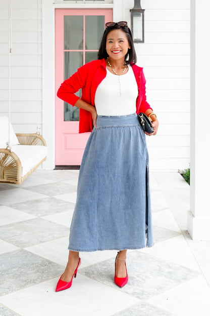Medium Wash Midi Skirt with Side Slit Detail
