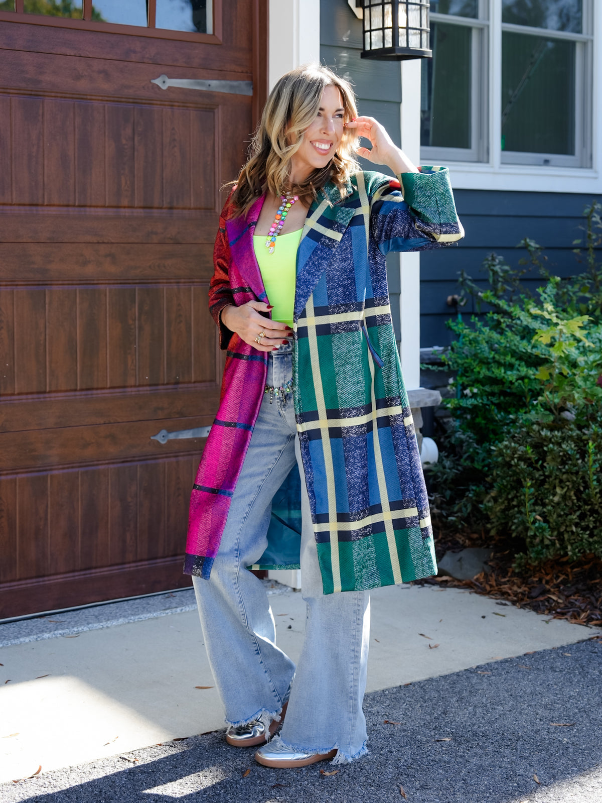 Color Block Wool Blend Plaid Long Sleeve Coat